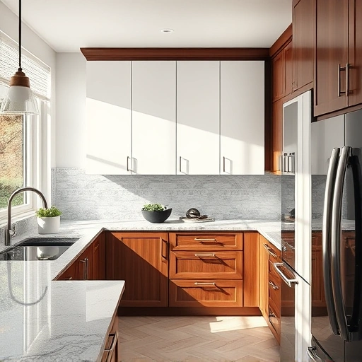 Modern kitchen in Garland TX featuring sleek dark wood and white cabinet doors with granite countertops and stainless steel appliances.