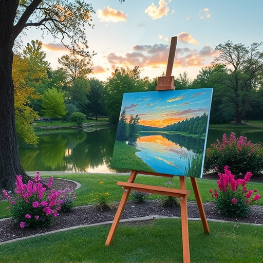Serene park in Garland TX with vibrant landscape painting, tranquil lake, sunset hues, blooming flowers, and tall trees.