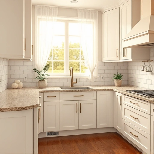 Beautifully upgraded kitchen in Lavon TX with soft white cabinets, polished granite countertop, and hardwood flooring.