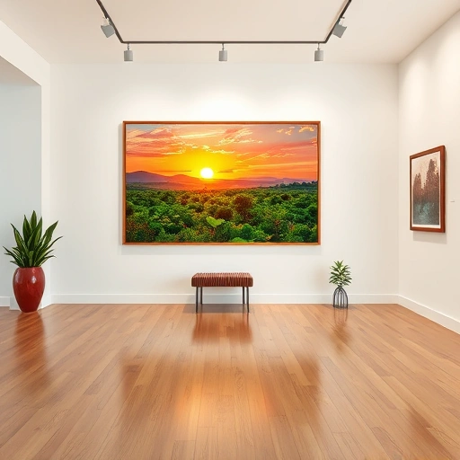 A serene sunset landscape painting displayed in a modern gallery in Murphy, TX with elegant decor and inviting atmosphere.
