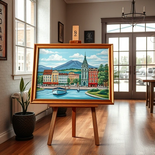 Completed painting with vibrant colors and local landmarks displayed in a charming University Park business setting.