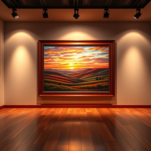 Completed painting in Carrollton TX features vibrant landscape, sunset sky, elegant wood frame, and inviting gallery setting.