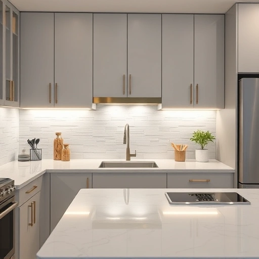 Under cabinet lighting installation in a modern kitchen with gray cabinets and white quartz countertops in Garland TX