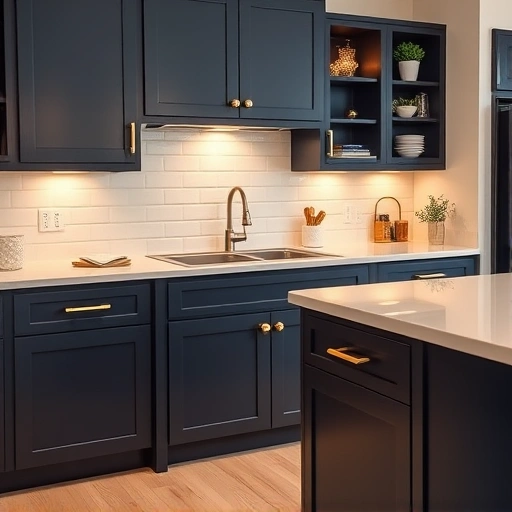 Renovated kitchen in Fate TX with navy blue cabinets, gold handles, white quartz countertop, and light wood flooring.