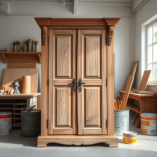Beautifully distressed wooden cabinet in a modern workshop with organized tools and warm lighting showcasing craftsmanship.