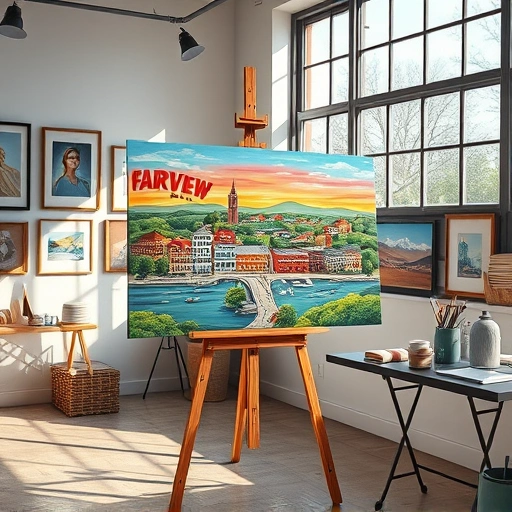 Painting of Fairview TX on modern easel in bright studio with framed art and organized supplies, showcasing creativity.