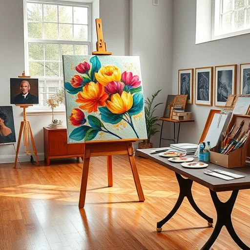 Completed vibrant painting on easel in elegant studio with art supplies and framed artwork, showcasing creativity.