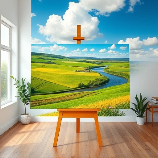 Vibrant landscape painting on an easel in a modern art studio with natural light and minimalist decor.