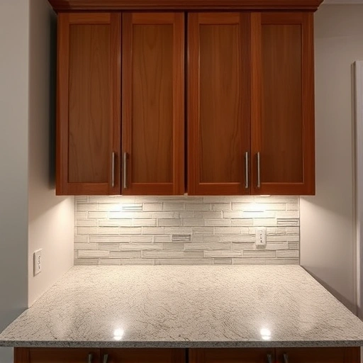 Under cabinet lighting replacement in a modern kitchen with warm wood cabinets and sleek LED lights in Garland TX.