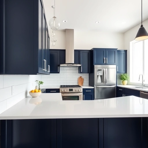 Modern kitchen in Coppell TX with navy blue cabinets, white countertops, and stylish decor creating an inviting atmosphere.