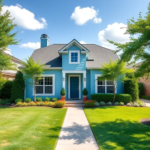 Beautifully painted modern home in Garland TX with soft blue exterior, white trim, and landscaped yard.