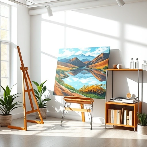 Completed painting of a serene landscape in a modern studio with vibrant colors and minimalist decor in Irving TX.