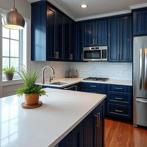 Luxurious kitchen in Princeton TX with deep navy blue cabinets, white quartz countertops, and stainless-steel appliances.