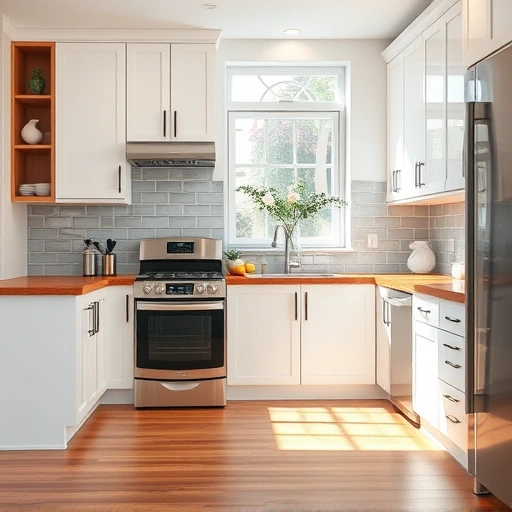 Modern kitchen in Rowlett TX with white cabinets, rich wood countertops, stainless steel appliances, and natural light.