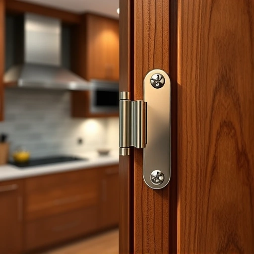 Close-up of new cabinet hinges in a stylish kitchen in Garland TX, showcasing elegant wood grain and polished finish.