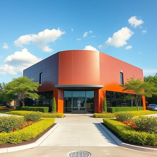 Completed commercial painting of a modern office building in Garland TX with vibrant colors and manicured landscaping.