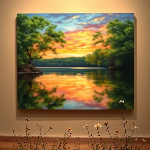 Completed lakeside painting at sunset in Rockwall TX with vibrant colors and intricate brushwork in a gallery setting.