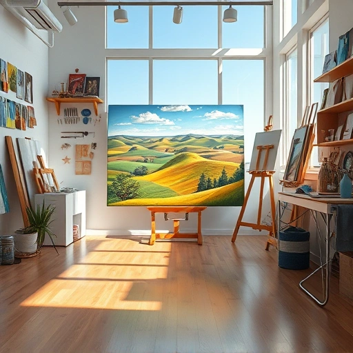 Completed painting in Balch Springs TX, showcasing vibrant colors in a serene landscape within an inviting art studio.