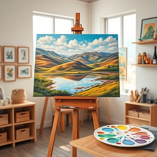 Completed painting in Fate TX on an easel in a well-lit studio with rolling hills and a serene lake landscape.