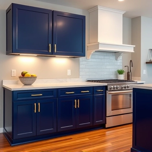 Cabinet refinishing in Garland TX featuring glossy navy blue cabinets, white quartz counter, and warm gray walls.