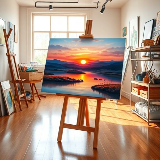 Completed painting in an art studio in Irving TX featuring a serene landscape with vibrant colors and intricate details.
