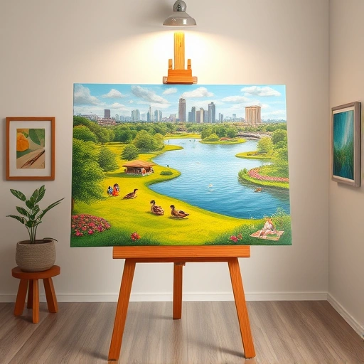 A vibrant landscape painting in The Colony, TX, depicting parks, lakes, and the local skyline in a modern studio.