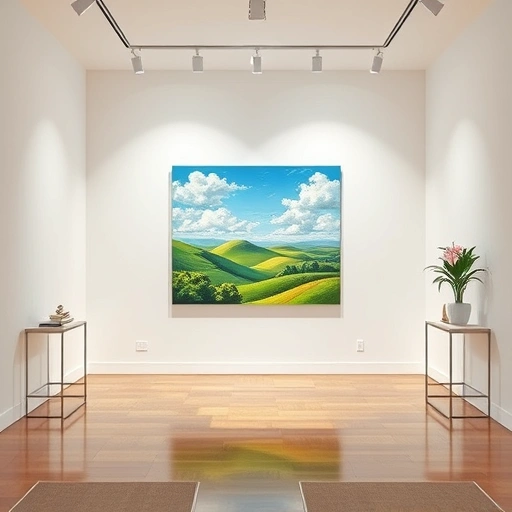Vibrant landscape painting in modern art gallery showcasing lush hills and blue sky in Sunnyvale TX.