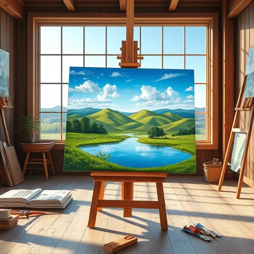 Completed painting on easel in Lavon TX, featuring serene landscape, vibrant colors, and rustic studio ambiance.