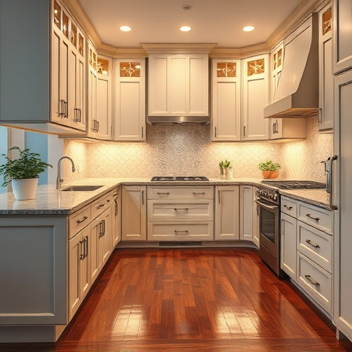 Completed cabinet painting in Murphy TX showcasing sleek glossy cabinets, granite countertops, elegant hardware, and warm lighting.