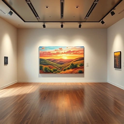 Vibrant contemporary landscape painting in a sleek Dallas art gallery with polished wood floors and soft lighting.