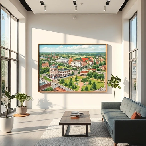Completed painting in Farmers Branch TX showcases vibrant local business with lush parks and historic buildings.