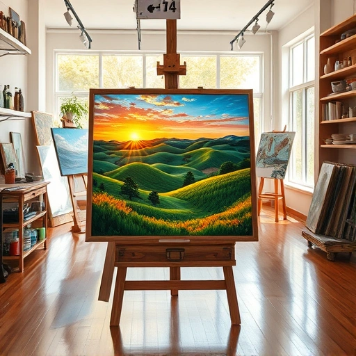 Completed painting of Melissa TX landscape in art studio with lush hills, sunset sky, and rustic frame.