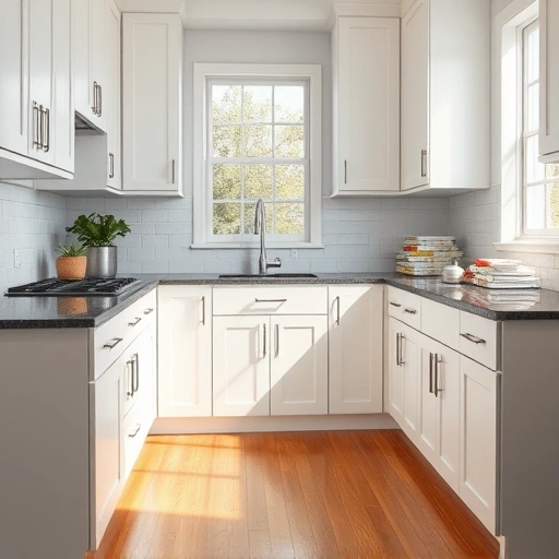 Transformed kitchen in Murphy, TX with glossy white cabinets, dark granite countertops, and pale subway tile backsplash.