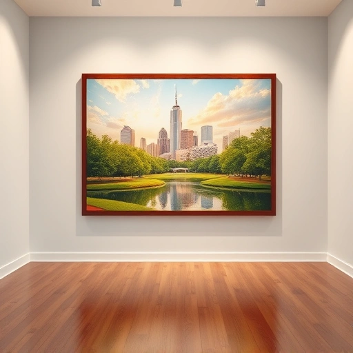 Vibrant painting of Allen TX park with lush greenery, tranquil pond, and skyline in a modern art gallery setting.