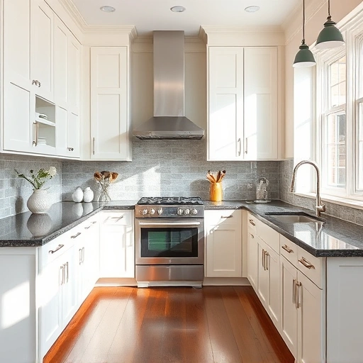 Cabinet painting in a stunning Prosper TX kitchen with creamy white cabinets and dark granite countertops.