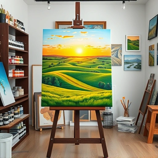 Completed painting in Celina TX shows vibrant landscape with green fields, rolling hills, and modern art studio setting.