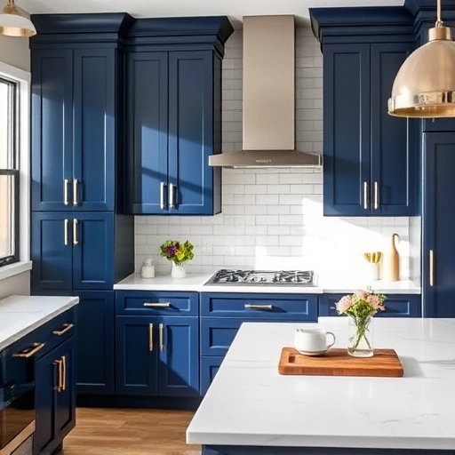 Beautifully transformed kitchen in Irving TX with navy blue cabinets, gold hardware, white quartz countertops, and natural light.