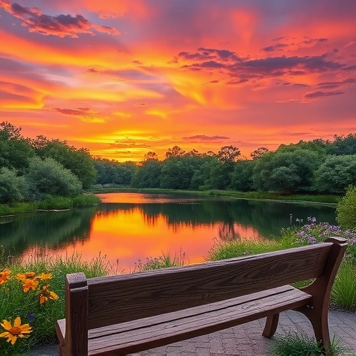 Serene Garland TX landscape at sunset with vibrant colors, tranquil lake, wildflowers, and rustic bench.