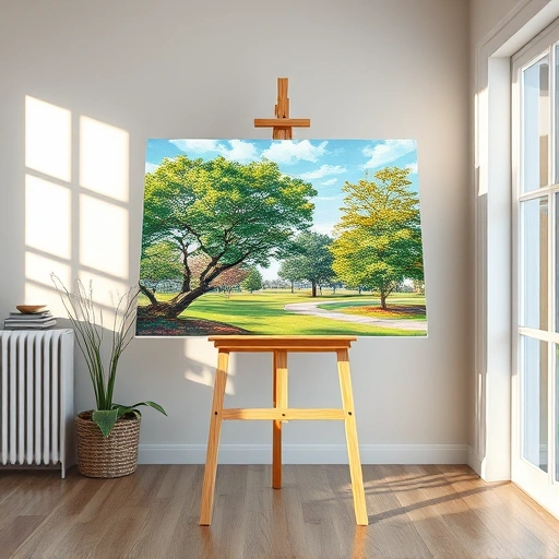 Painting of Sachse TX parks with vibrant colors, lush trees, and clear blue sky displayed on an easel in a stylish setting.