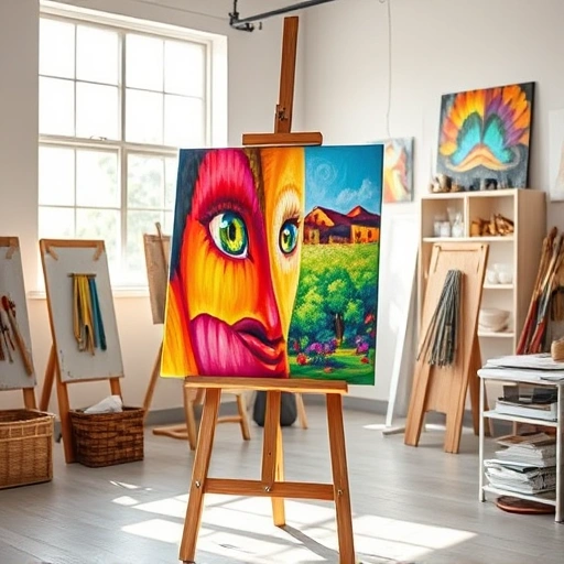 Completed vibrant painting on easel in a bright, minimalist studio in Celina TX with organized art supplies.