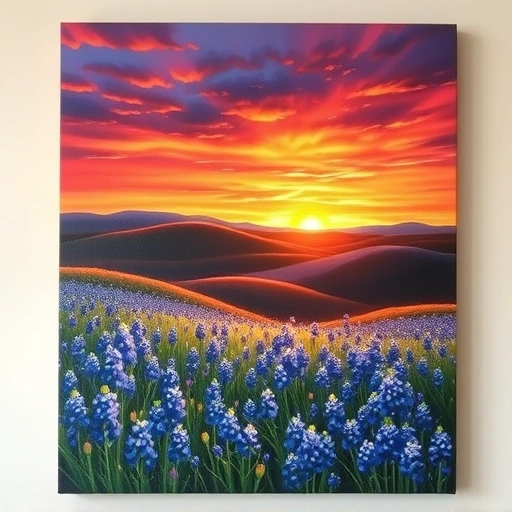 Texas sunset landscape with bluebonnets, rolling hills, and vibrant orange, pink, and purple sky in a gallery.