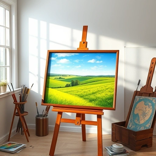 Completed painting of Lavon TX landscape with vibrant colors on easel in a well-lit studio with art supplies.