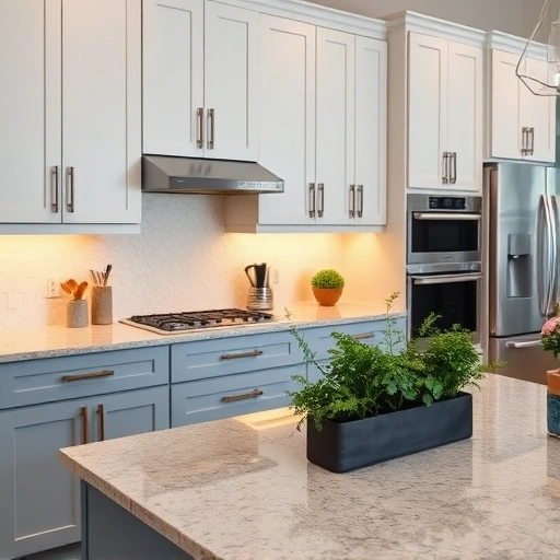 Completed cabinet painting in University Park TX features soft white and muted blue cabinets in a stylish kitchen.