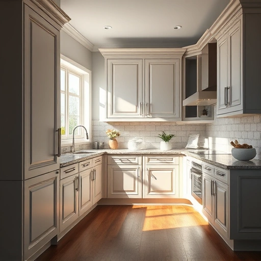 Elegant kitchen in Addison TX with freshly painted cabinets, polished granite countertops, and warm hardwood floors.