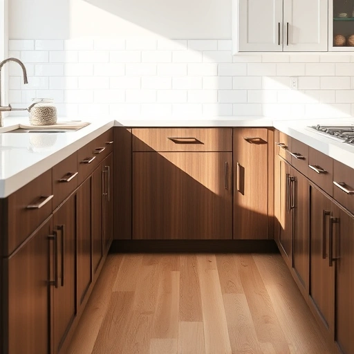 Cabinet hardware replacement in a renovated kitchen with sleek cabinets, quartz countertops, and elegant subway tile.