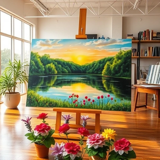 Completed painting in Rowlett TX depicting serene lake, lush greenery, sunset glow, and vibrant flowers in studio.