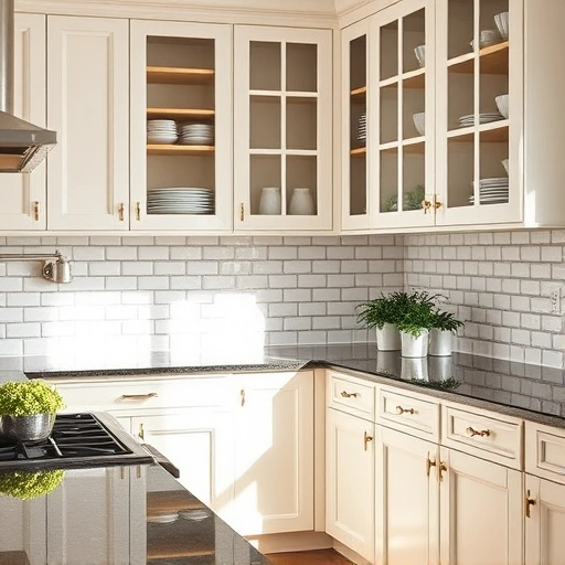 Completed cabinet painting in Garland TX showcasing elegant white cabinetry, dark granite countertops, and bright subway tile backsplash.