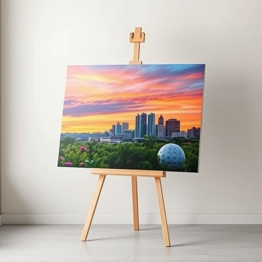 Vibrant painting of Frisco TX skyline at sunset, showcasing local culture in a minimalist gallery setting.
