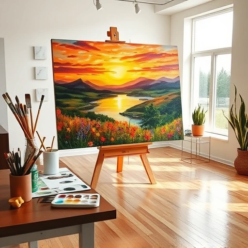 Completed painting in a Rockwall TX studio features vibrant colors, serene landscape, and art supplies nearby.