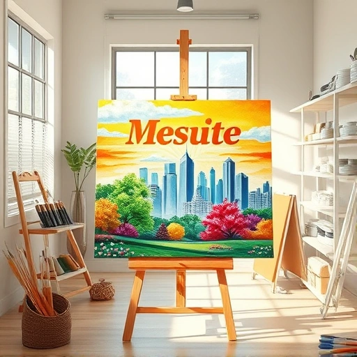 Painting of Mesquite TX landscape with vibrant colors and intricate details in a well-lit art studio setting.